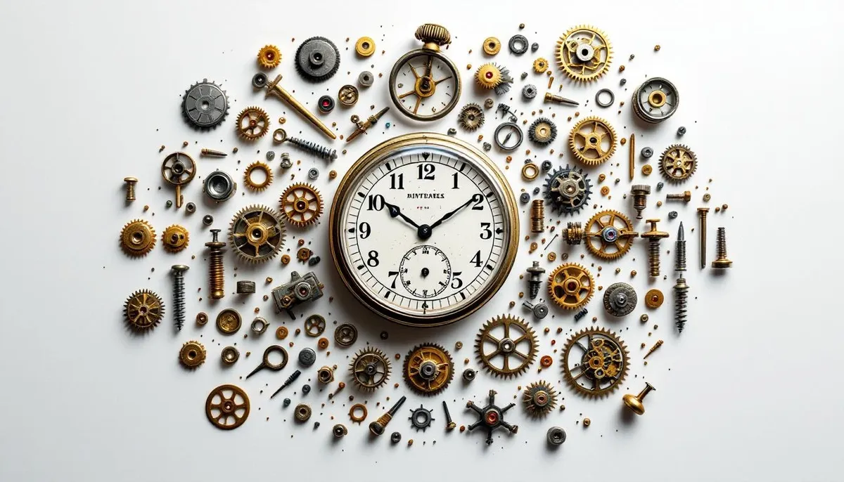 Rozložené mechanické hodinky so súčiastkami usporiadanými okolo ciferníka na bielom pozadí