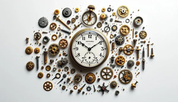 Rozložené mechanické hodinky so súčiastkami usporiadanými okolo ciferníka na bielom pozadí