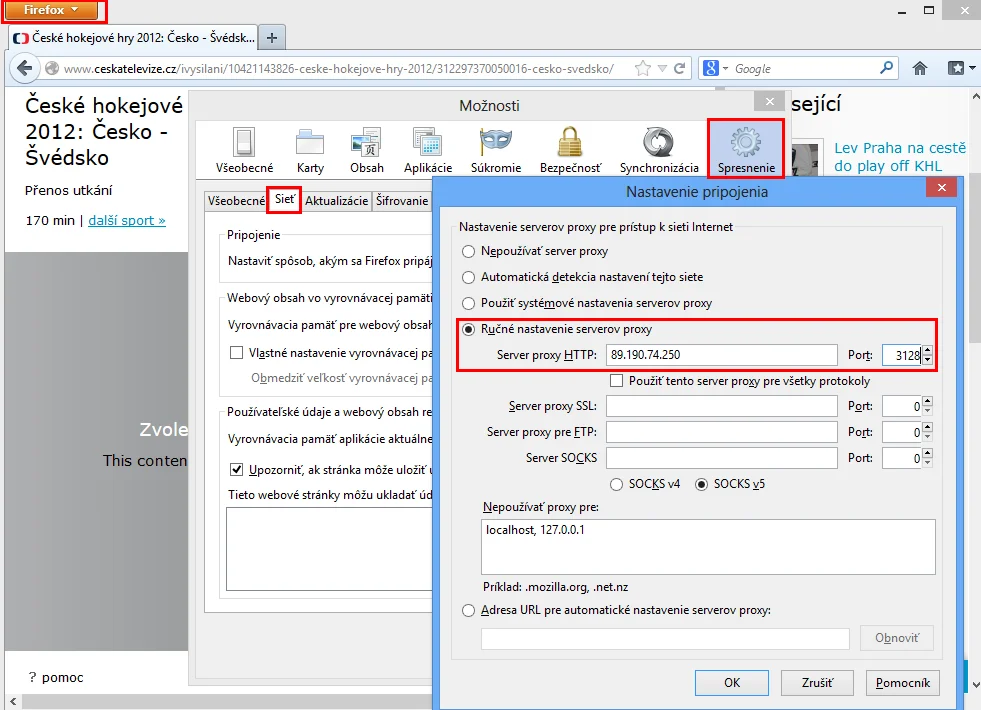 Firefox - nastavenie proxy adresy
