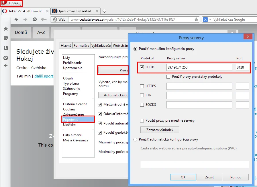 Opera - nastavenie proxy adresy