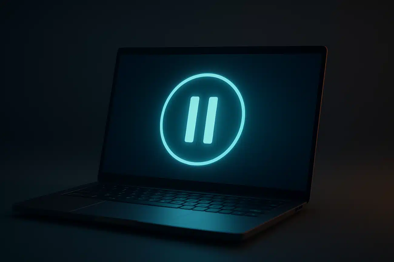 Laptop so svietiacim symbolom pauzy na obrazovke v tmavom minimalistickom prostredí, ktorý vizuálne reprezentuje prestávku a zodpovedné hranie.